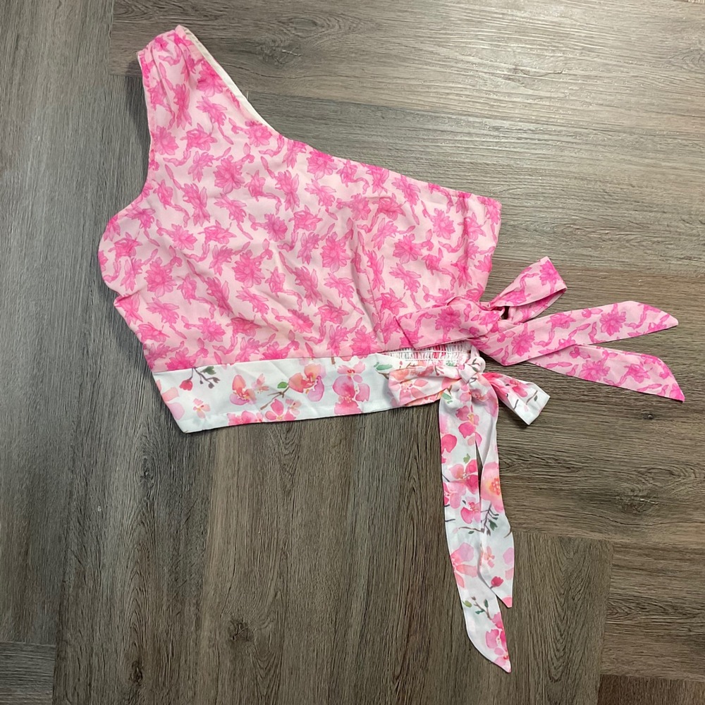 NWT Allison New York Lulu Floral One Shoulder Crop Barbie Top Womens Small Pink